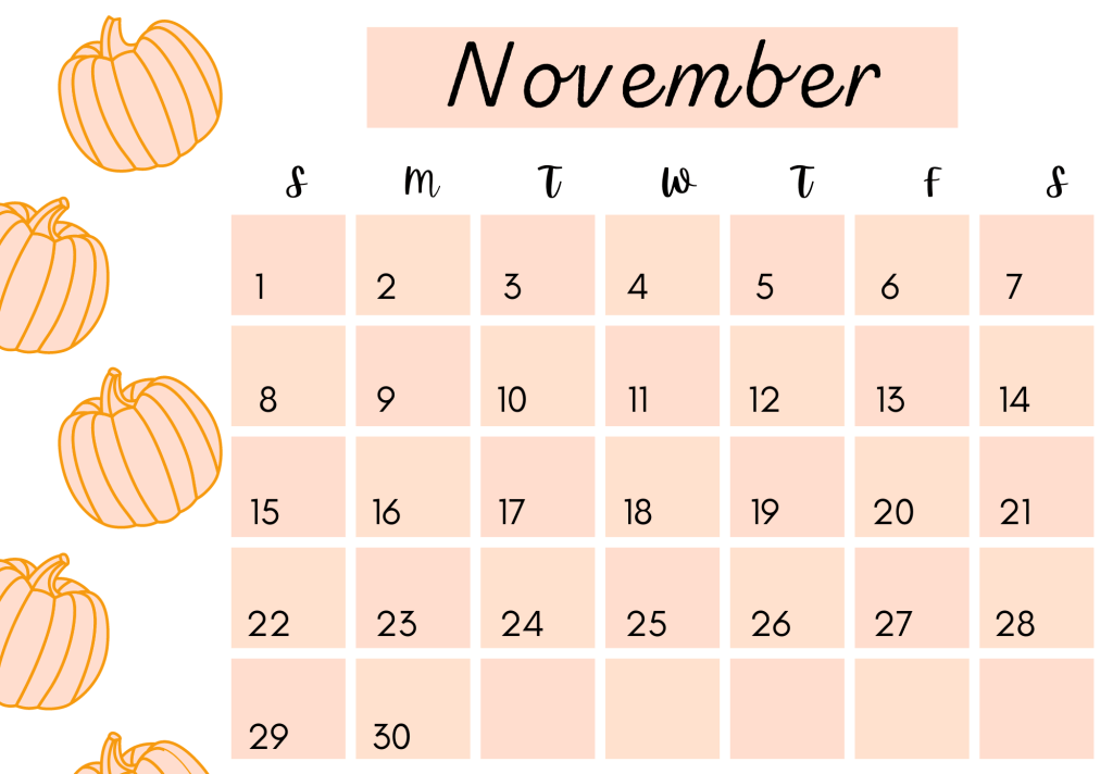 November 2020 calendar for free and printable. Girly November calendar with pumpkins
